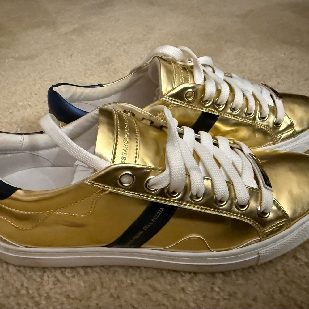 Gold Metallic Low-Top Sneakers with Navy Stripe